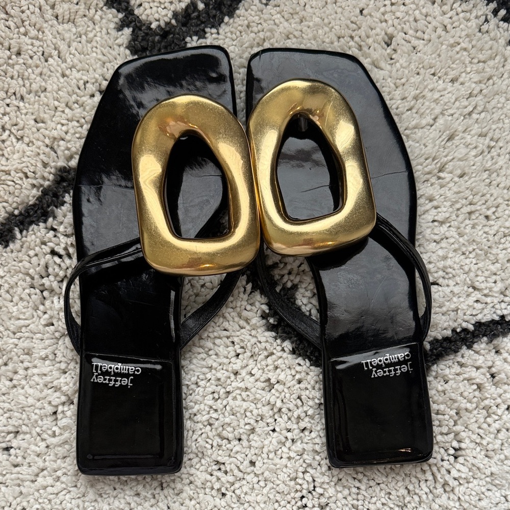 Jeffrey Campbell Black Square-Toe Sandals with Gold Ovals